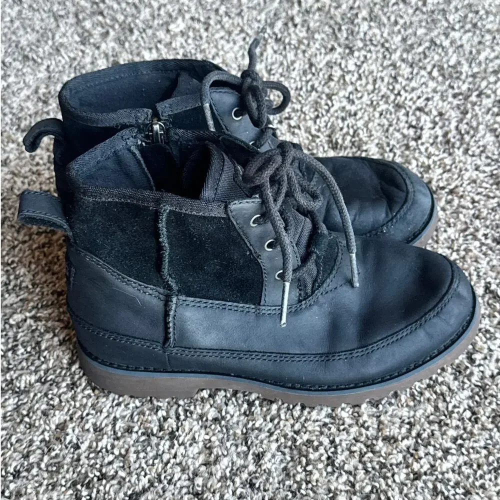UGG Kids Black Leather Lace-Up Ankle Boots Side Zip Youth US 2